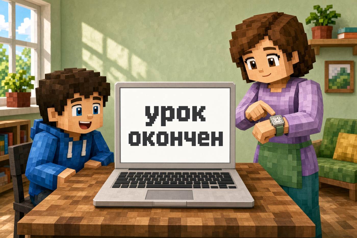 Урок окончен: ребёнок у ноутбука, мама показывает на часы